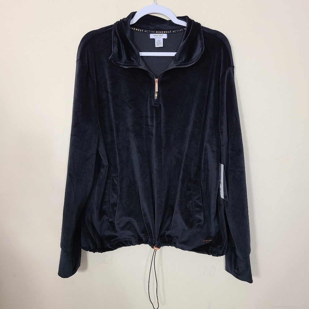 Nine West Womens L Black Velour 1/4 Zip Pullover Active Jacket Collared Velvet